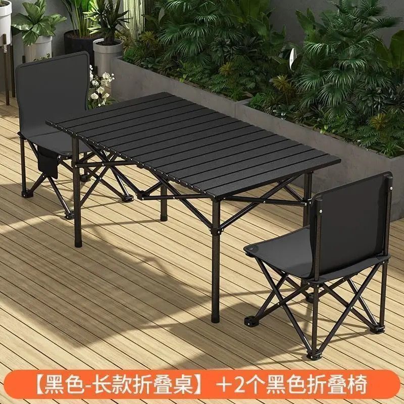 Black and silver 120cm long table and two 36cm folding chairs
