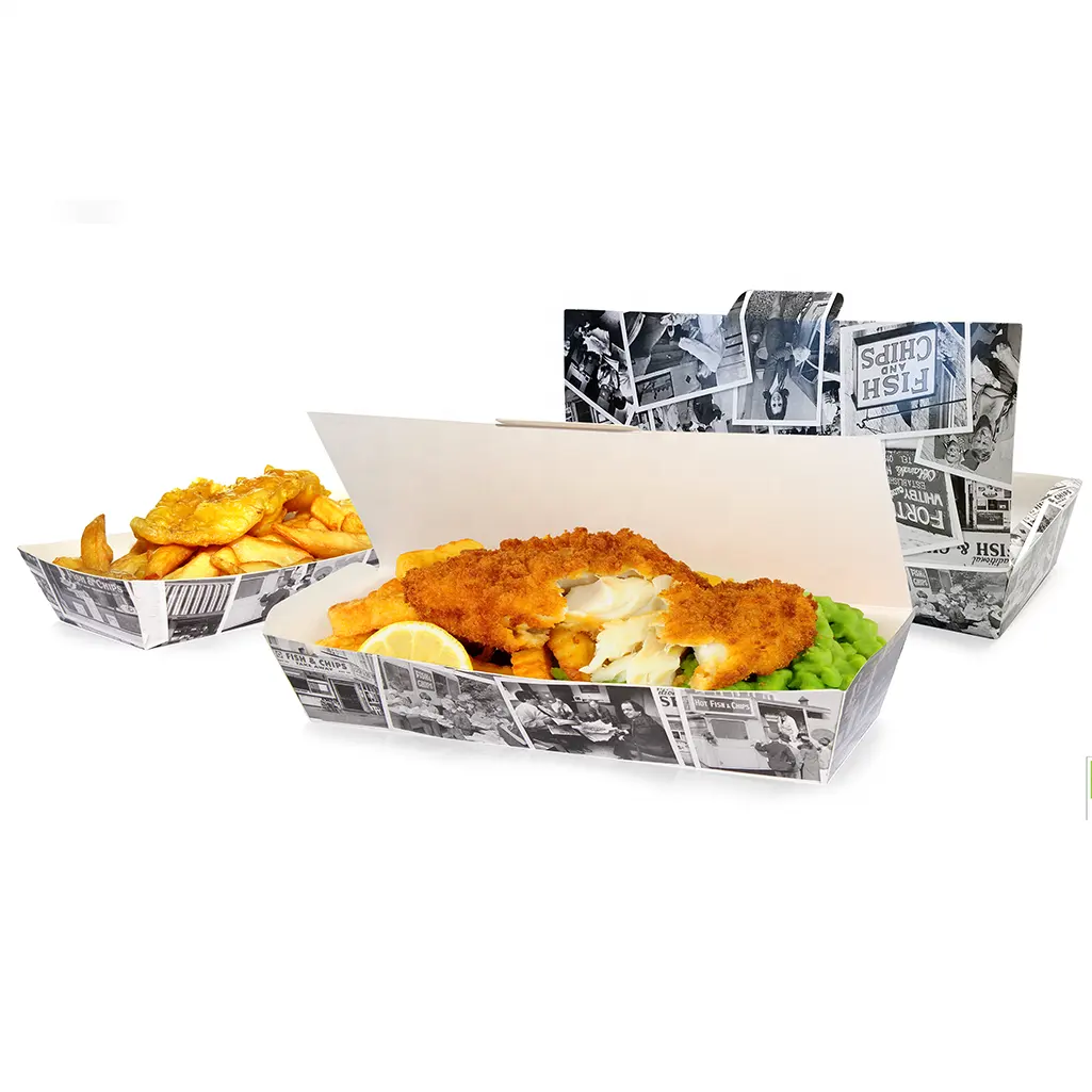 맞춤형 일회용 종이 생선 및 칩 상자 인쇄 생선 및 칩 포장 상자 패스트 푸드 테이크 아웃 상자 포장 치킨