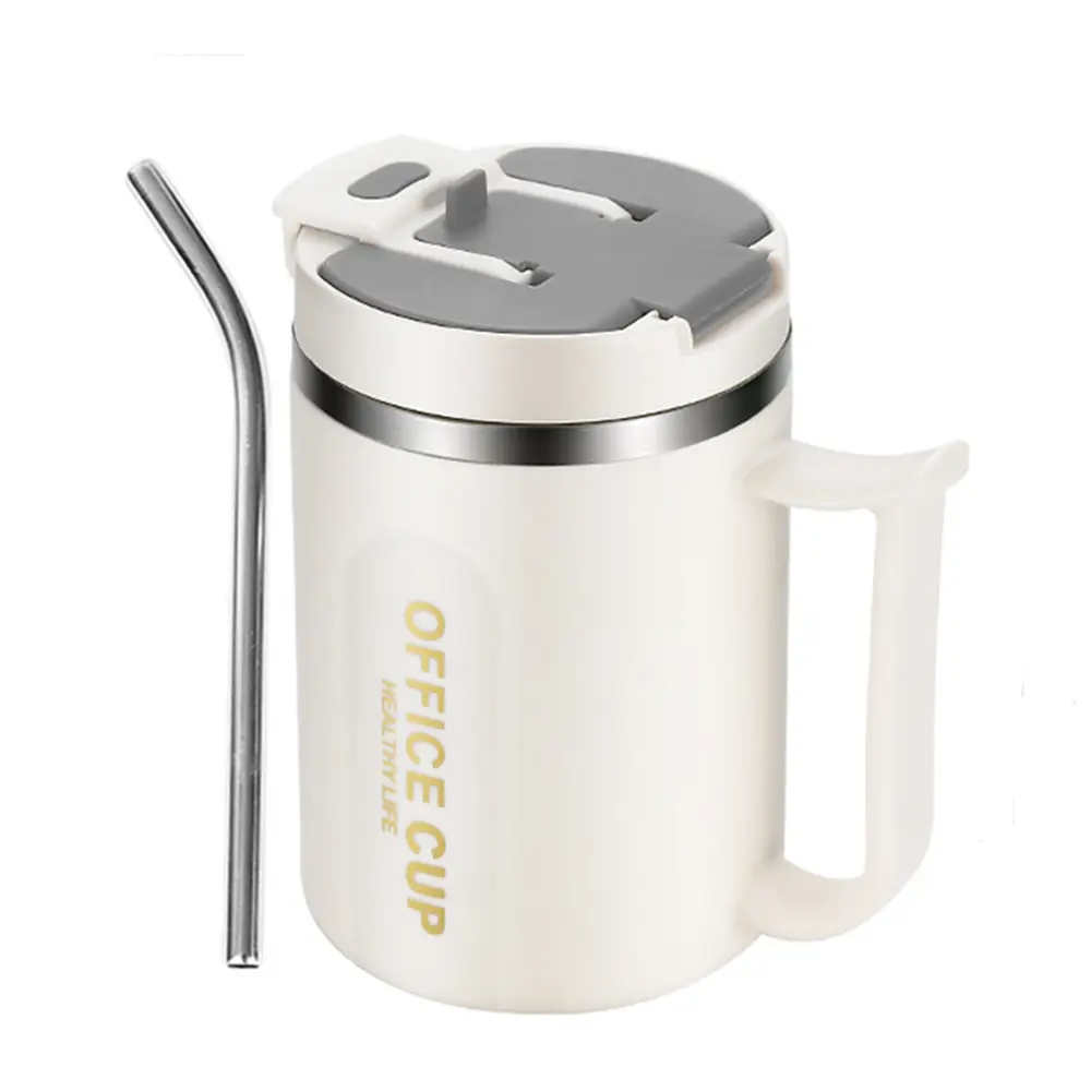 Customizable Double Wall Travel 16oz/500ml Mug Plastic And Stainless Steel Milk Coffee Cup With Spoon For Adults