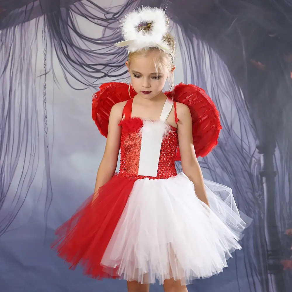 Fantasia dupla diabo e anjo para meninas, vestido de malha de natal, vestido tutu de dia das bruxas, anjo e demônio com asas, 2-12 anos