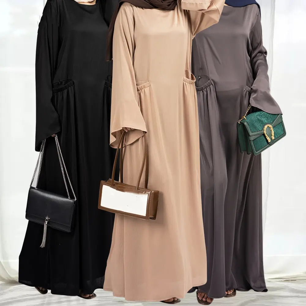 Mode Hoge Kwaliteit Zwarte Abaya Gesloten Satijn Abaya Met Zakken Dagelijks Dragen Vrouwen Maxi Jurk Voor Moslim Vrouwen Zomer Abaya
