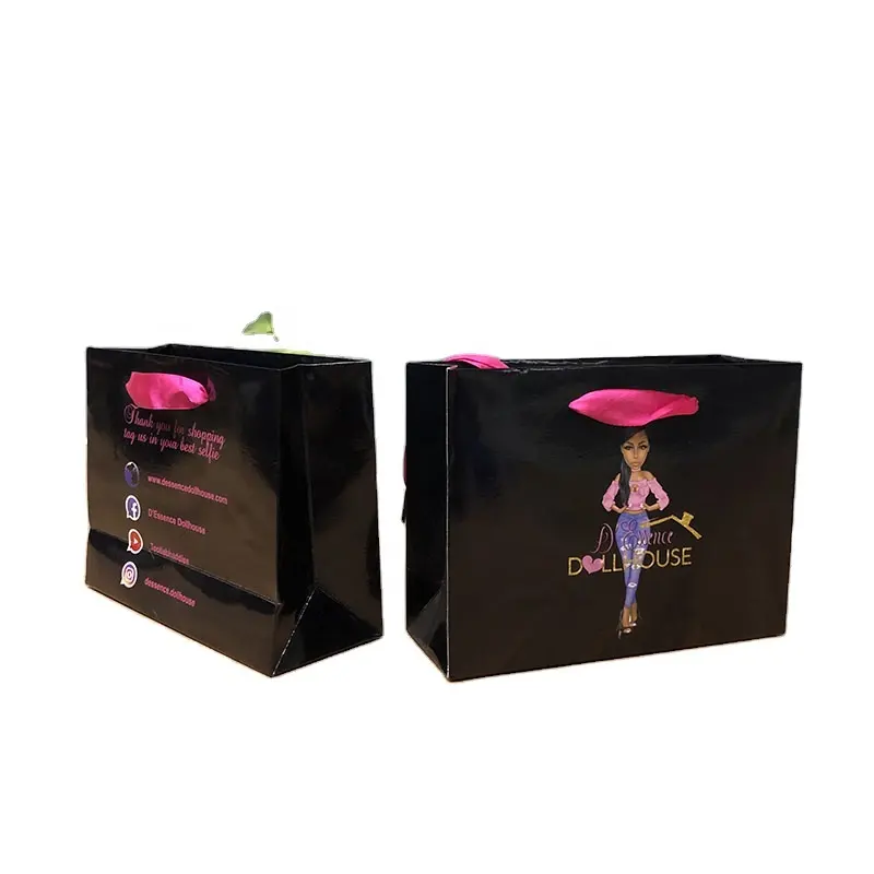 Luxe Black Glossy Custom Afdrukken Cosmetische Producten Verpakking Papieren Boodschappentassen Met Roze Lint Handgrepen