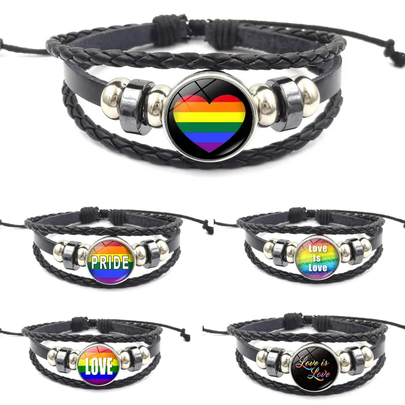 Fabricante Diseño Gay Pride Love is Love Flag Snap Button Charm LGBT Leather Rainbow Heart Wrap Pulseras