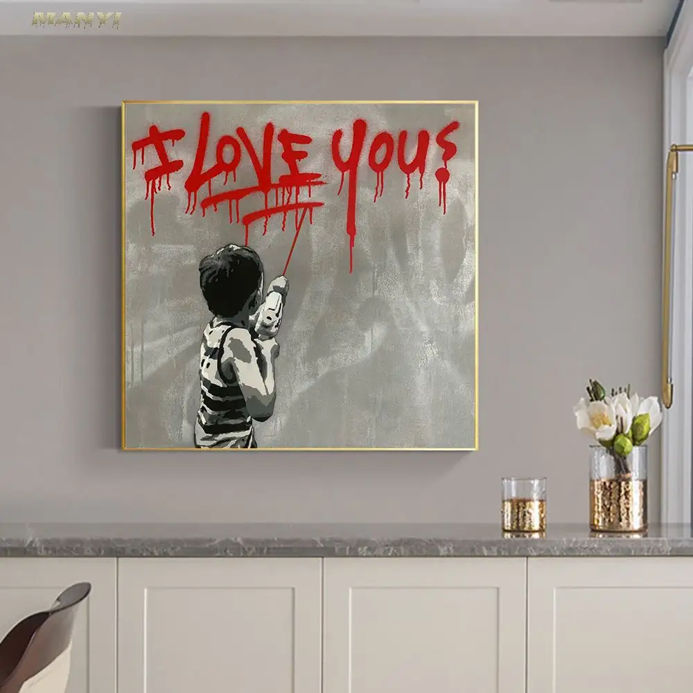 Banksy Jongen Muur Graffiti Pop Street Art Foto 'S En Prints Ik Hou Van Je Posters Canvas Schilderij Voor Thuis Woonkamer Decor