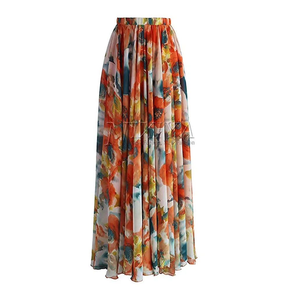 Elegante señoras falda de verano Venta caliente nueva moda falda impresión floral psiquiatra larga Mujer Faldas maxi