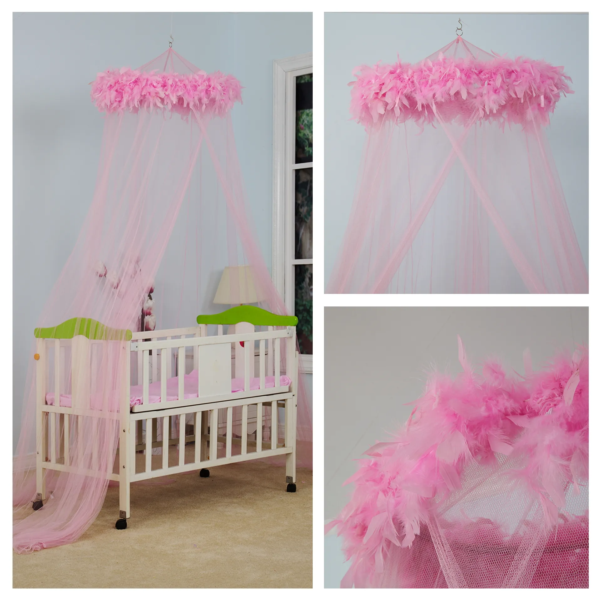 Interior Rosa pluma decoración niños mosquitera cama dosel dormitorio bebé cuna cama tienda