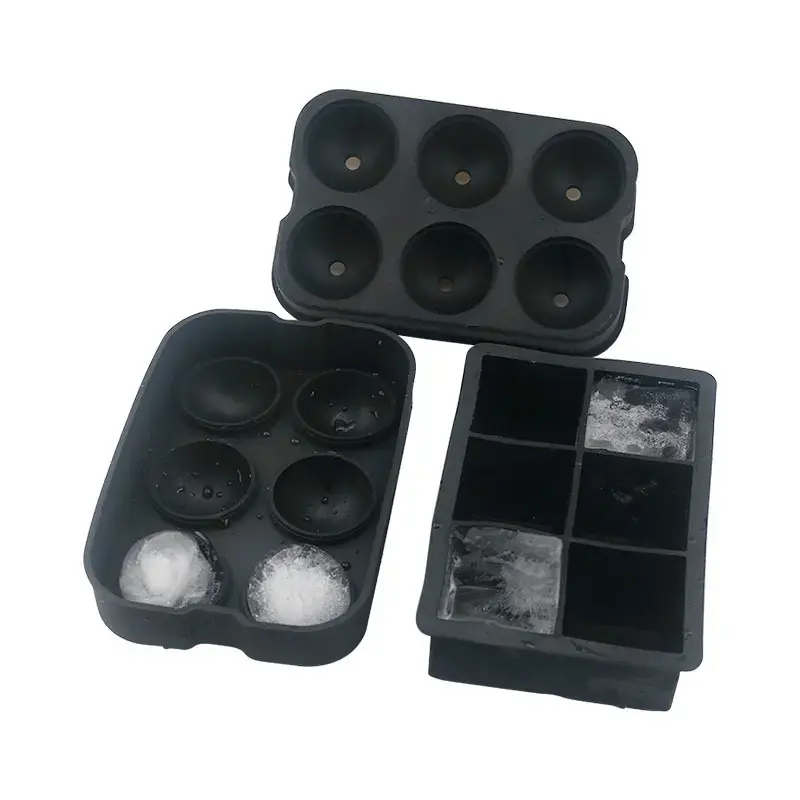 Listo para enviar 4 piezas 2 pulgadas 3D grandes cubitos de helado molde 6 bolas redondas bandeja de hielo de silicona negra con 9 cubos para máquina de hielo de alimentos