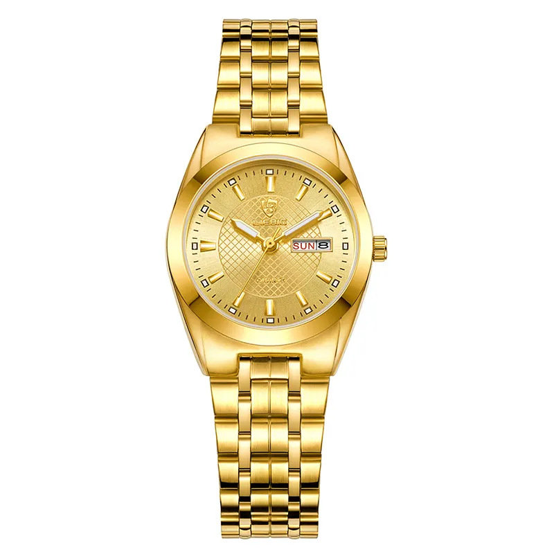 Reloj de cuarzo de moda para mujer, reloj de pulsera de acero inoxidable, reloj de pulsera de aleación de vidrio dorado 10, marcas personalizadas redondas, resistente al agua, China, 24mm