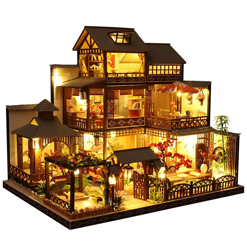 Casa de madeira de boneca, em miniatura, kit de móveis, música, brinquedos led para crianças, presente de aniversário