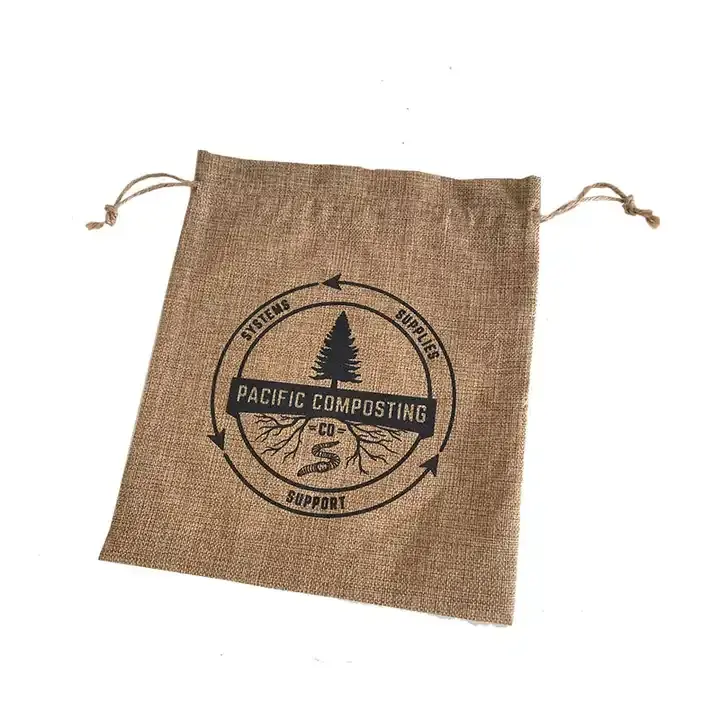 Bolsa con cordón de regalo de arpillera de yute bordado con logotipo personalizado bolsa de embalaje de té y café de yute beige suave