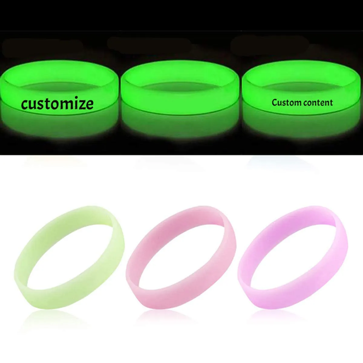 Рекламные пользовательские печатные логотипы резиновые браслеты светящиеся браслеты наручные браслеты светящиеся в темноте силиконовые браслеты