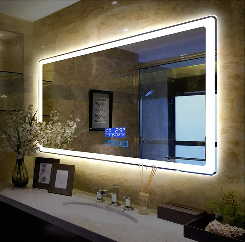 Espejo de Baño Led inteligente rectangular, dispositivo de desnebulización impermeable con Interruptor táctil, altavoz y Radio