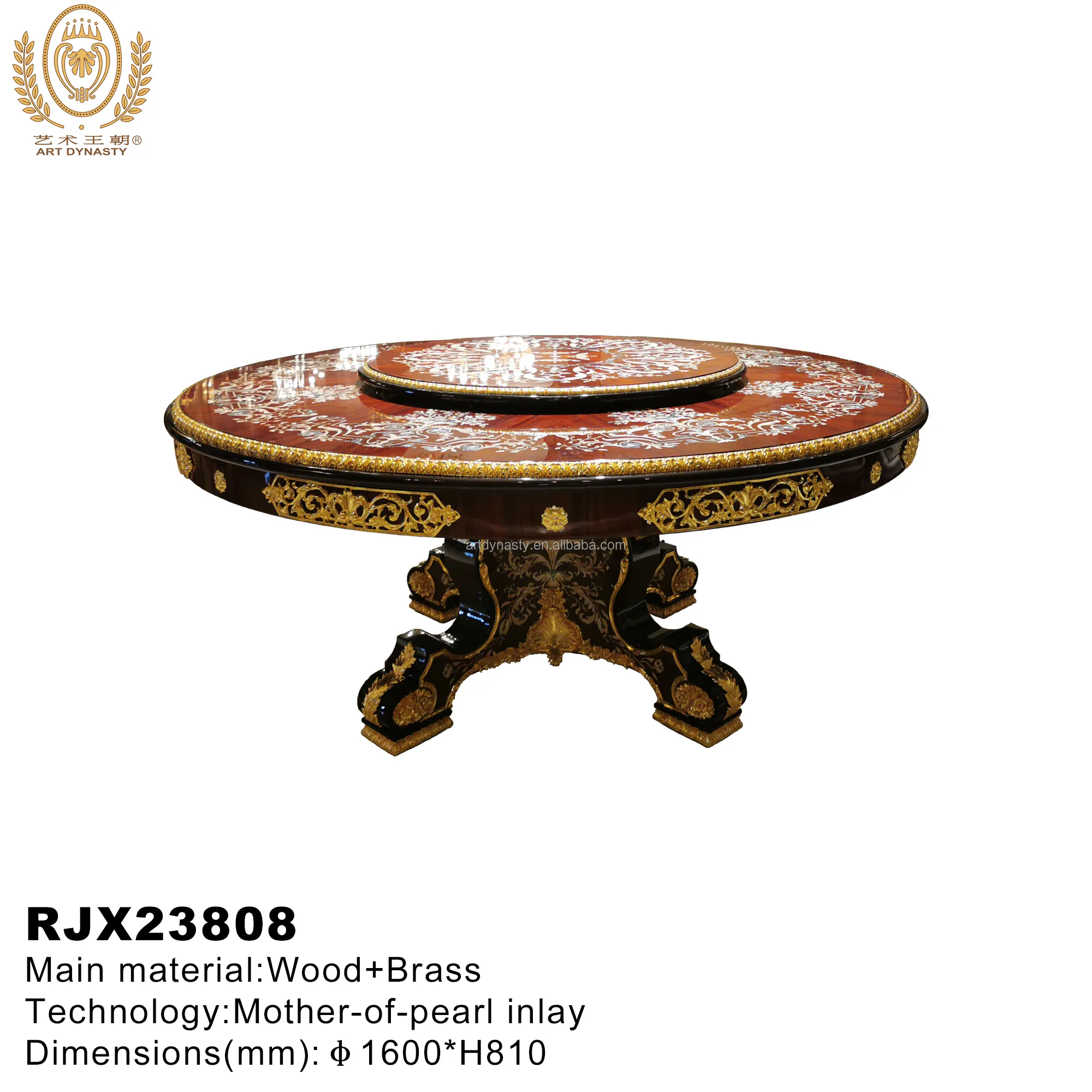 Dinner Desk Round Table for Hotel Luxurious Style Carved Gilded Brass Classical Mother of Pearl Inlay Wooden for Restaurant 1 PC