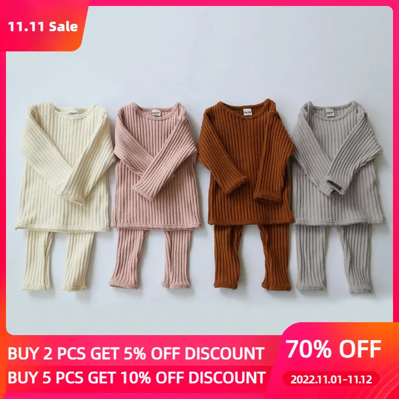 Set Pakaian Bayi Balita Musim Dingin Atasan Sweater Rajut + Celana Legging Anak-anak Piyama Pakaian Dalam Termal untuk 0-5Y