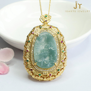 Hand-carved Natural Burma <strong>Jade</strong> Pendants Open <strong>Top</strong> Gold Plated Jadeite Pendants Landscape Painting Myanmar <strong>Jade</strong> Pendants