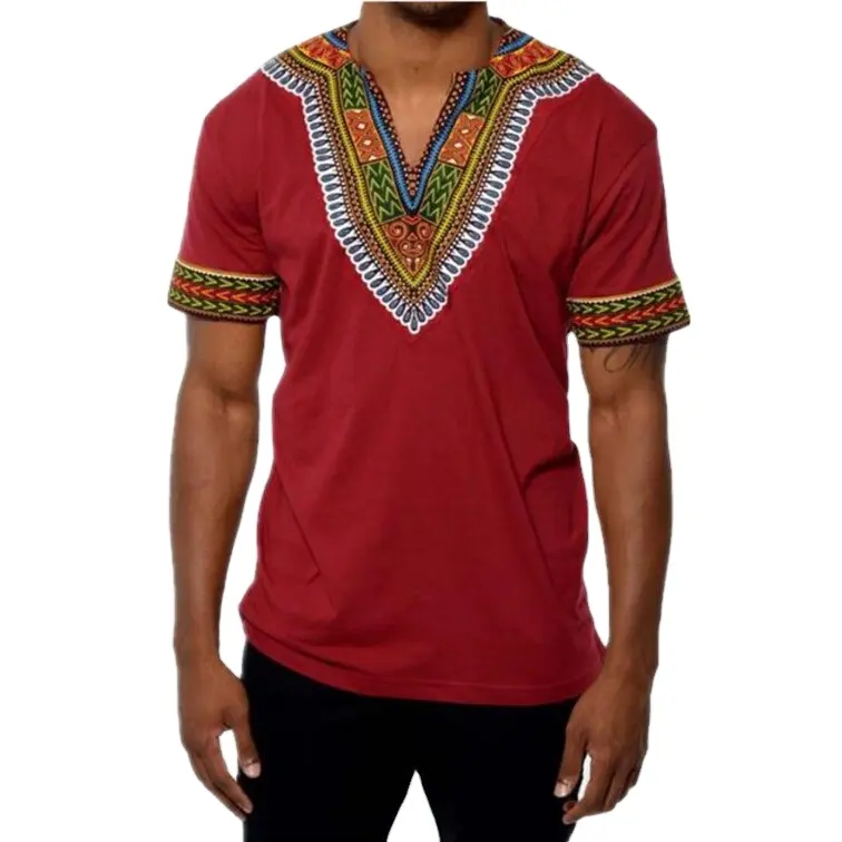 Al por mayor de poliéster de algodón, con cuello en v de los hombres de manga corta tribal africana impresión vintage t camisas para hombres