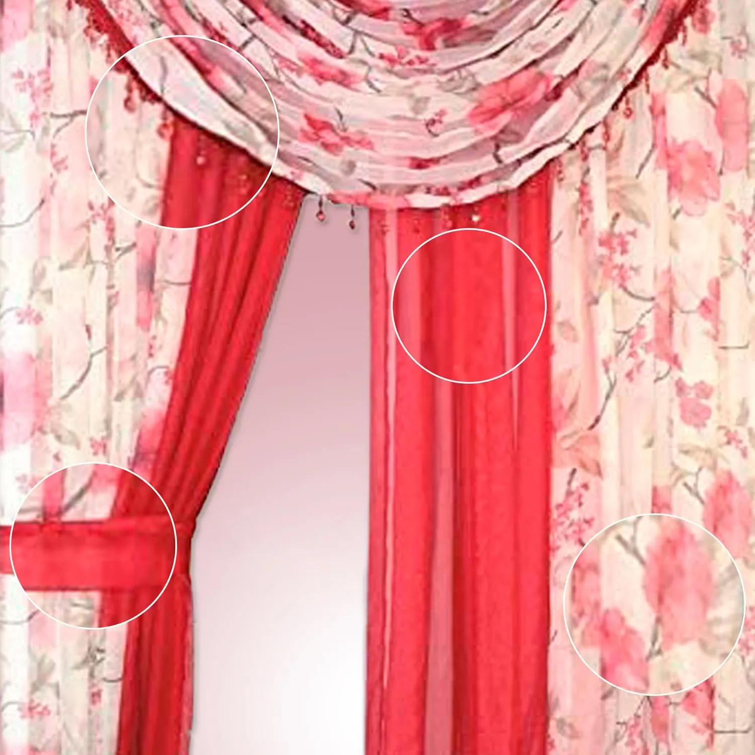 Venta al por mayor impreso listo floral lujo cortina barata con cenefa sala de estar dormitorio tul cortina cenefa diseño bordado