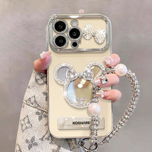เคสโทรศัพท์ TPU สไตล์มิกกี้กระจกรูปโบว์สำหรับ Apple 16Pro 15/14/13 16PLUS มาพร้อมกับขาตั้งและที่จับกระจกหน้าต่างขนาดใหญ่ - Product Image 1