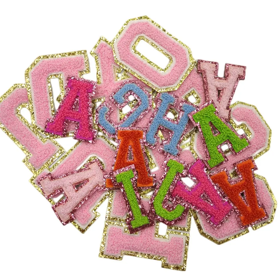 Custom Chenille Patches Groothandel Letters Patches Kleurrijke Pailletten Borduurwerk Zelfklevende Sticker Ijzer Op Patch