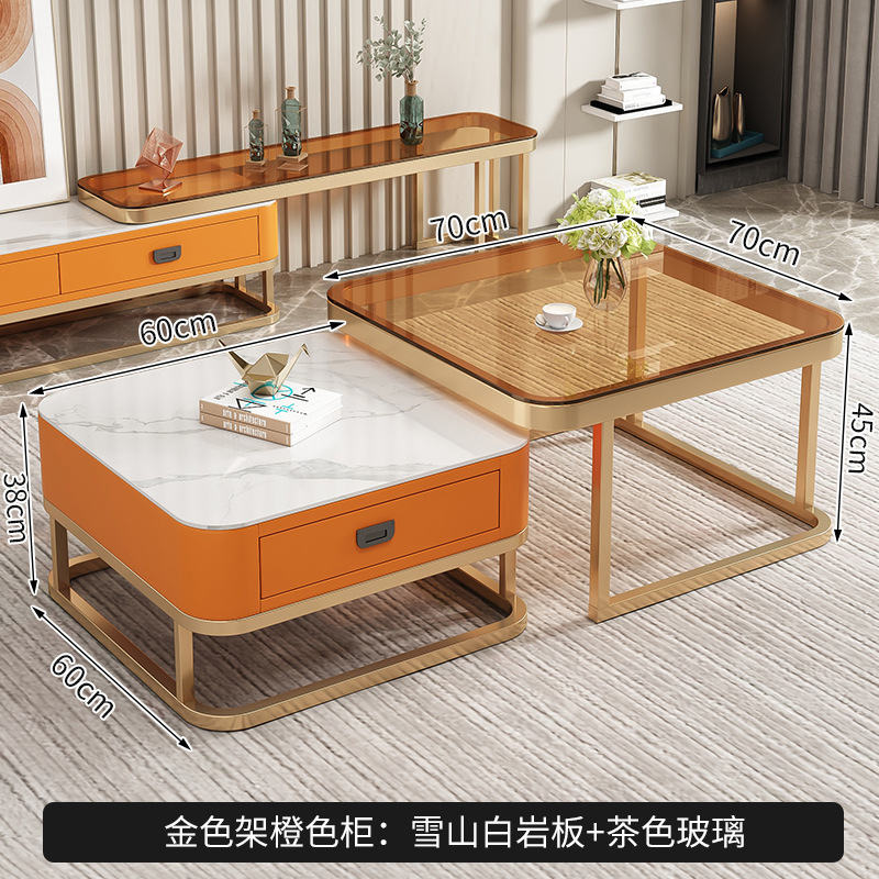 Cadre doré : Verre brun, dalle blanche, meuble orange