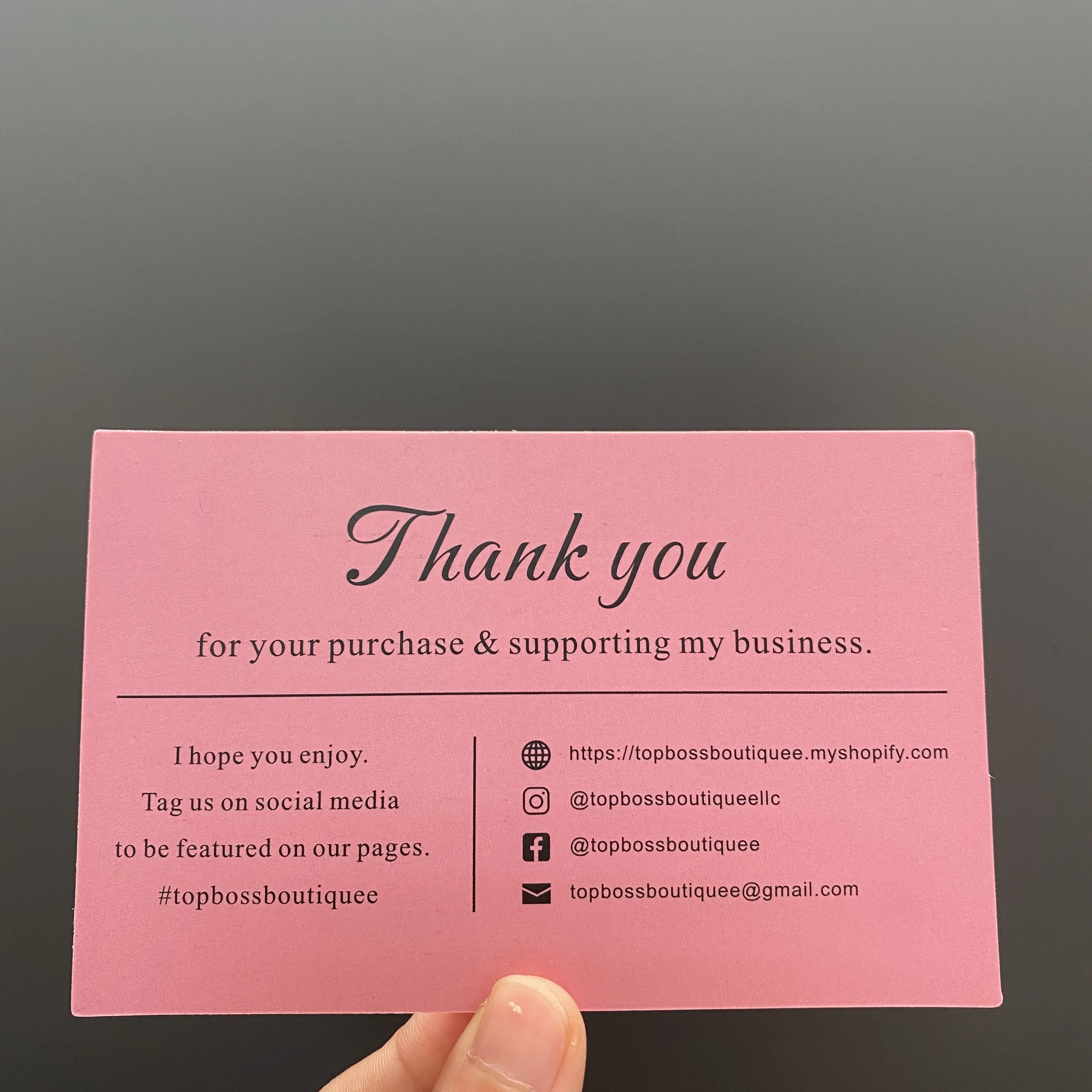 Inserción de papel de alta calidad, tarjeta de visita con logotipo propio, Ama Thank You