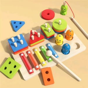 YSJ 3 in 1 Educational Musical Xylophone <strong>Shape</strong> <strong>Sorting</strong> Blocks Stacking Wood Toys Montessori Fish Game for Kids - Product Image 5