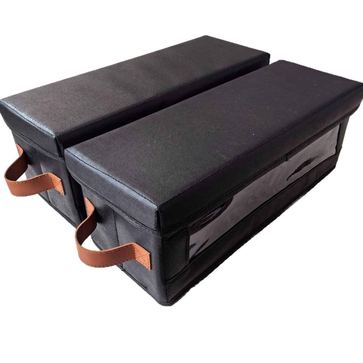 Black storage box with lid and transparent front window