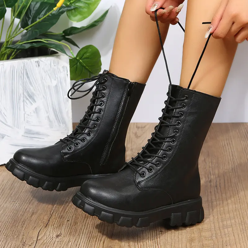 QuiteSHot vente bottes pour femmes 2023 automne hiver nouvelle tête ronde à lacets talon épais talon bas femmes moto bottines