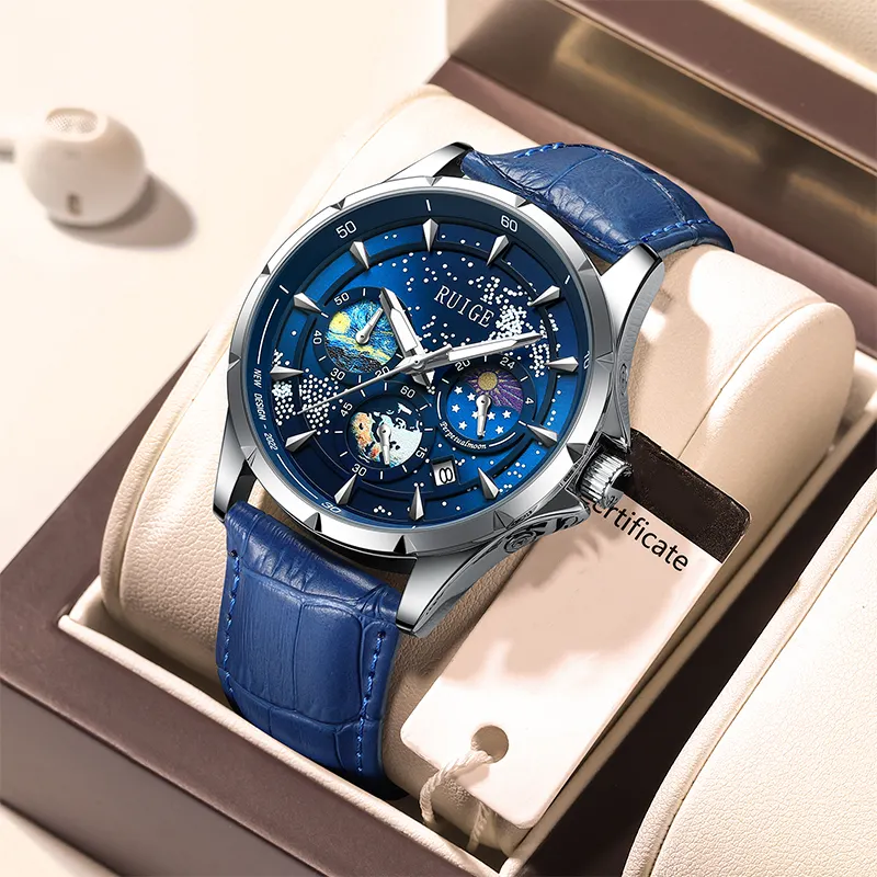RUIGE Men's Watch Starry Sea Ultra thin Fashion Men's Famous Watch Trendy Night Light Waterproof Casual Watch