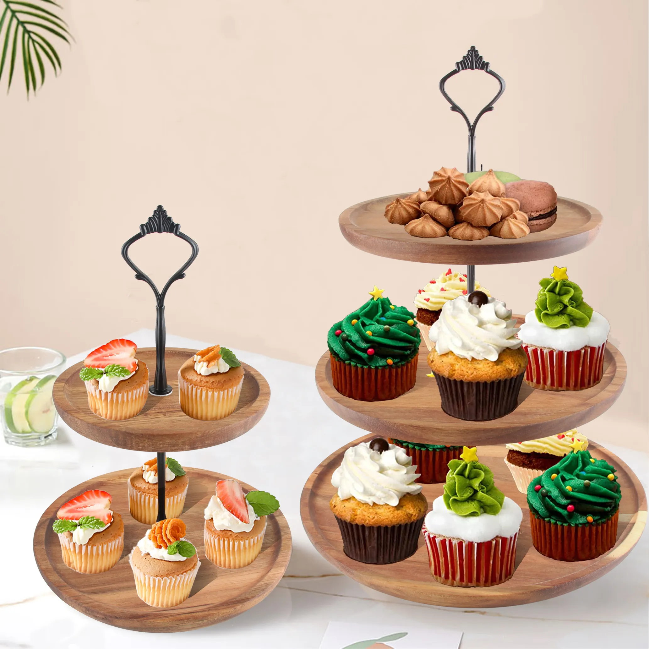 Bois mariage anniversaire 2 niveaux Dessert Table décoration en bois gâteau plateaux Mini tasse gâteau support plaque présentoir