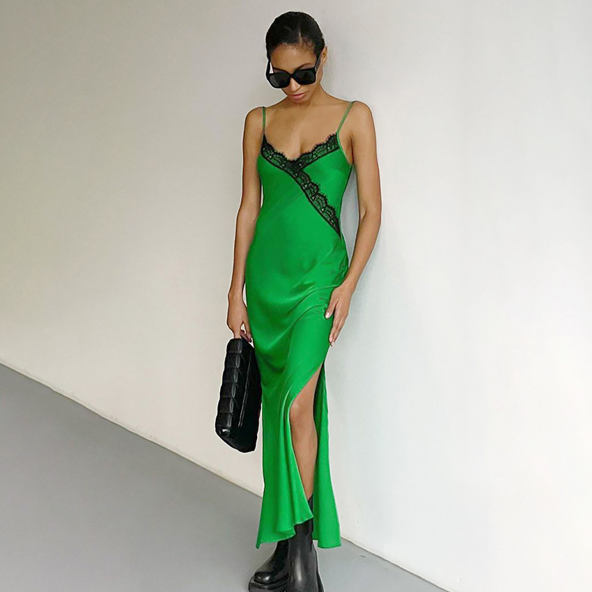 Custom Backless Maxi Dress Fashion Women Summer Sexy Strap Draped Neckline Side Seam Slit Satin