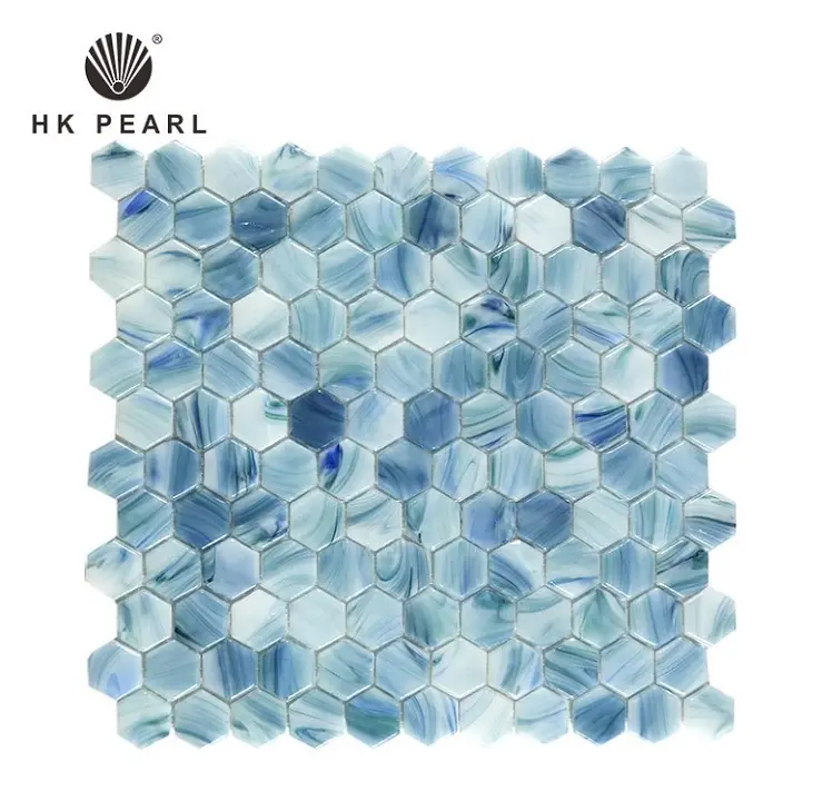 Azulejo de vidrio con diseño hexagonal para pared, piedra azul nebulosa, mosaico, azulejos, soporte de metal, 21 Century