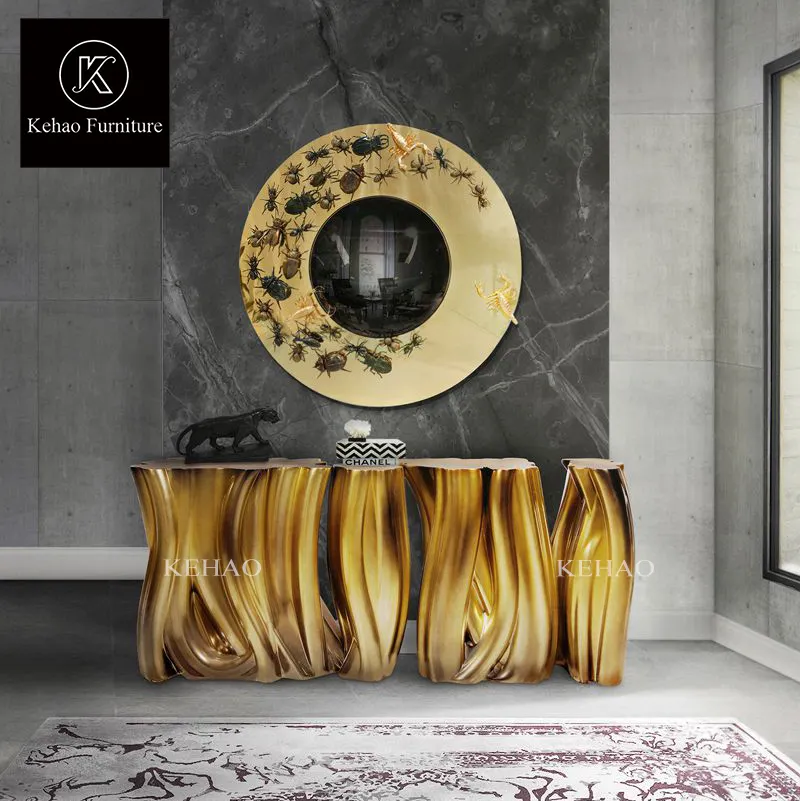Consola eléctrica dorada de resina moldeada, mesa de consola europea de diseño moderno hecho en china, alto brillo