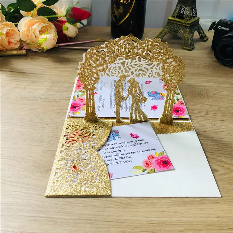 Invitaciones de boda con purpurina cortadas con láser personalizadas en 3D con cinta y sobres Tarjeta de invitación de boda lujosa de aniversario