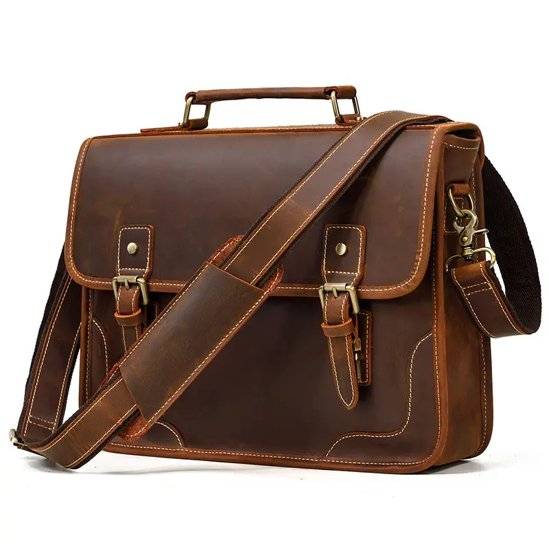 Bolsa de couro vintage masculino louco cavalo couro negócio pasta couro ombro mensageiro saco laptop