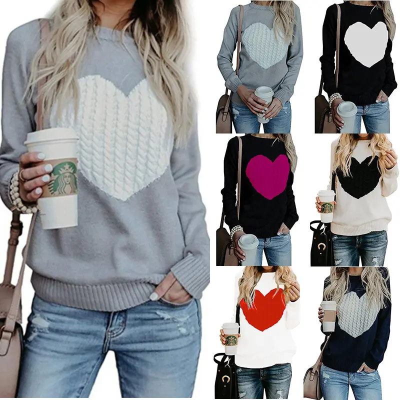 Women's Pullover Sweaters Long Sleeve Crewneck color blocking Cute Heart Knitted Sweaters