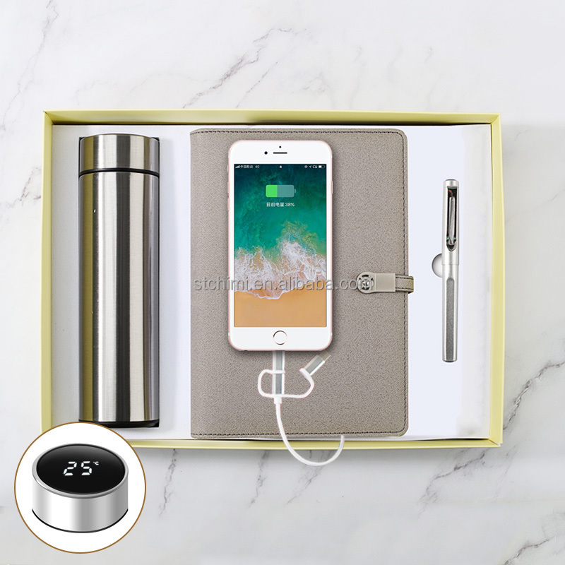 Banco de potencia gris portátil + frasco de vacío inteligente + USB + pluma de signo de metal