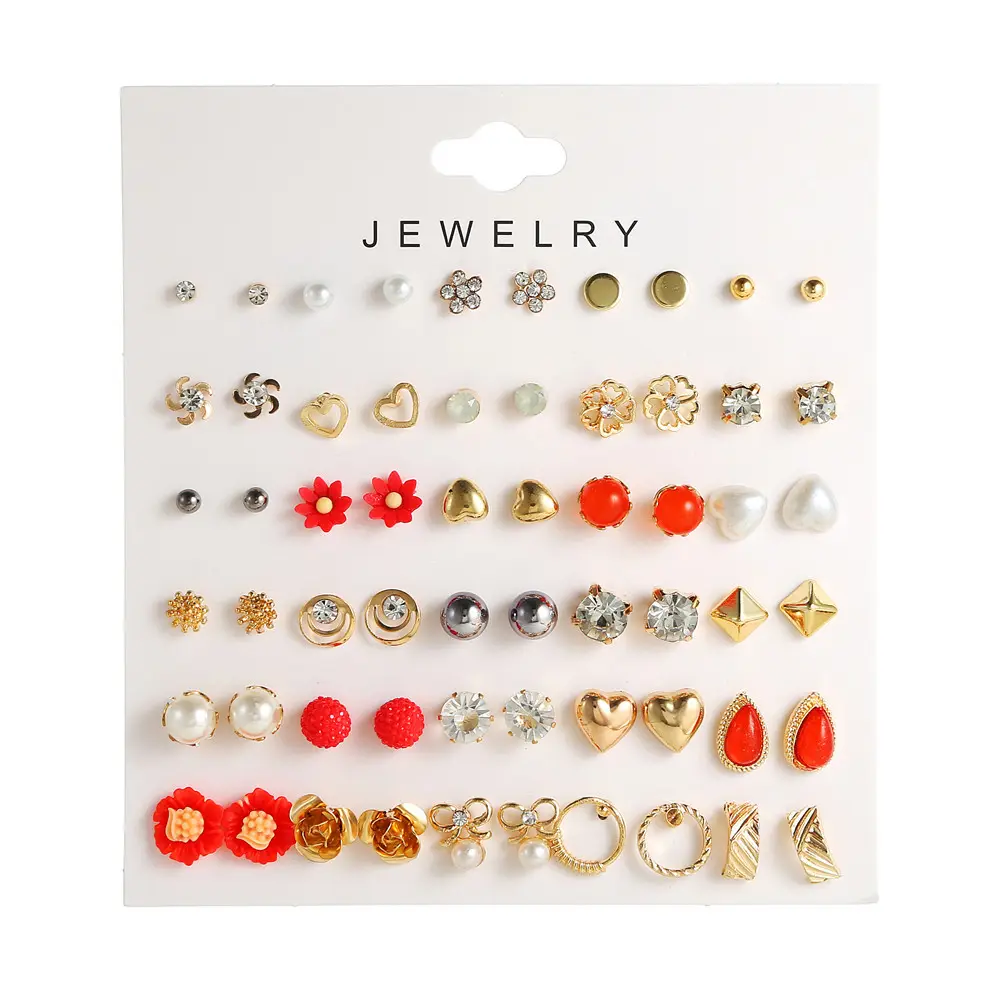 C042 Hot Selling Korean Jewelry Flower Heart-shaped Pearl Star Colorful Crystal Stud Earrings Women 30 pairs stud earrings