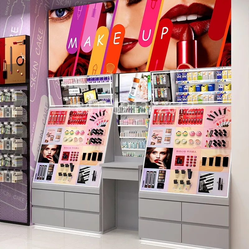 Armario de exhibición de perfume para maquillaje, marca privada personalizada, diseño de tienda de perfume, muebles de cristal para cosmética