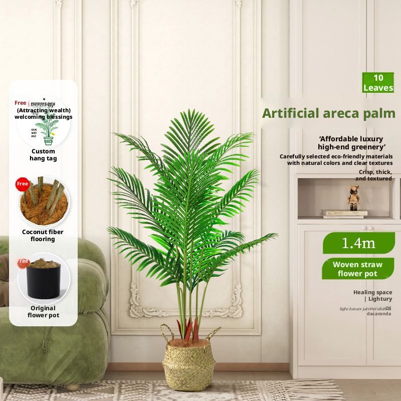 Palmier Areca vert 140CM 10 tiges 10 feuilles Pot en herbe tissée