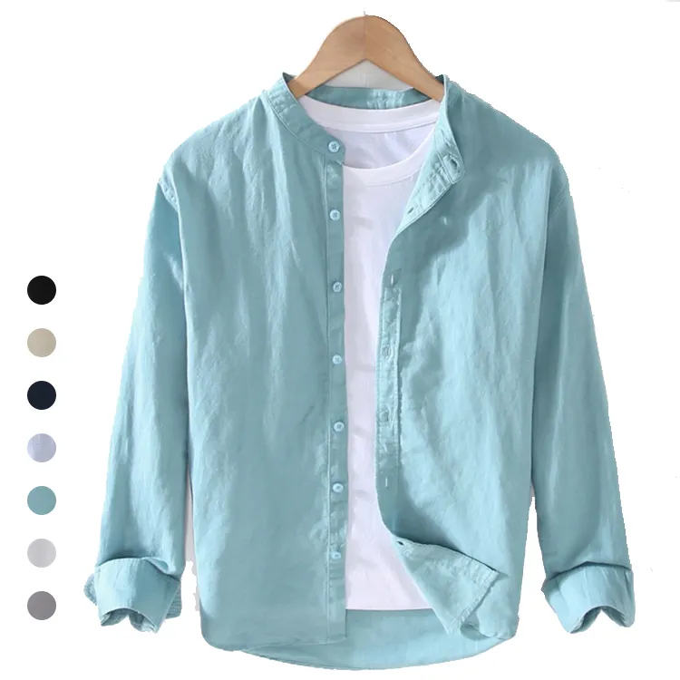 Camisas de lino de estilo japonés para hombres, camisas de color claro natural personalizadas, 55% Lino, 45% algodón, cuello levantado, Color sólido