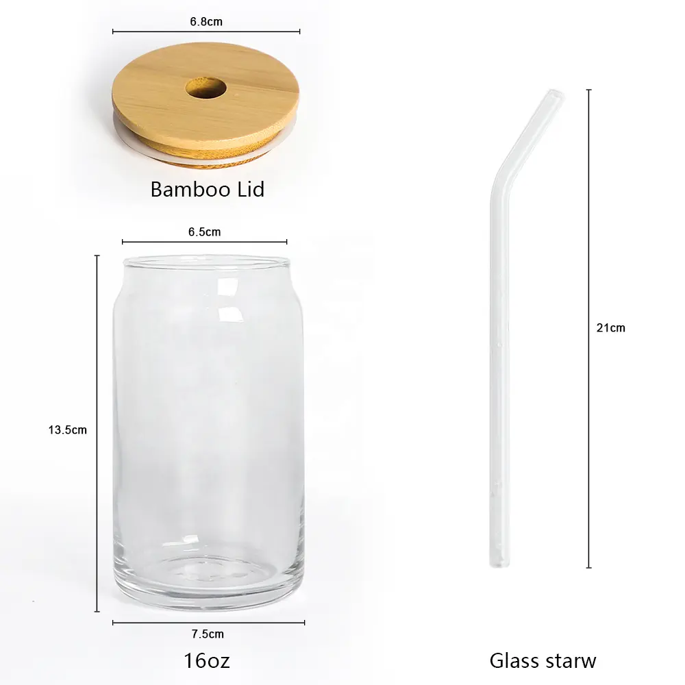 Ly Uống Bia Thủy Tinh Borosilicate Hình Lon Bia, Lon Soda Có Nắp Tre Và Ống Hút