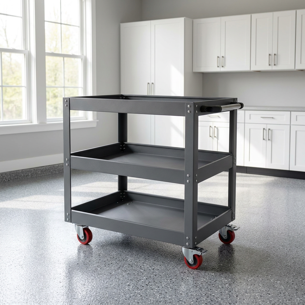 Chariot utilitaire en métal à 3 étagères sur roulettes, gris