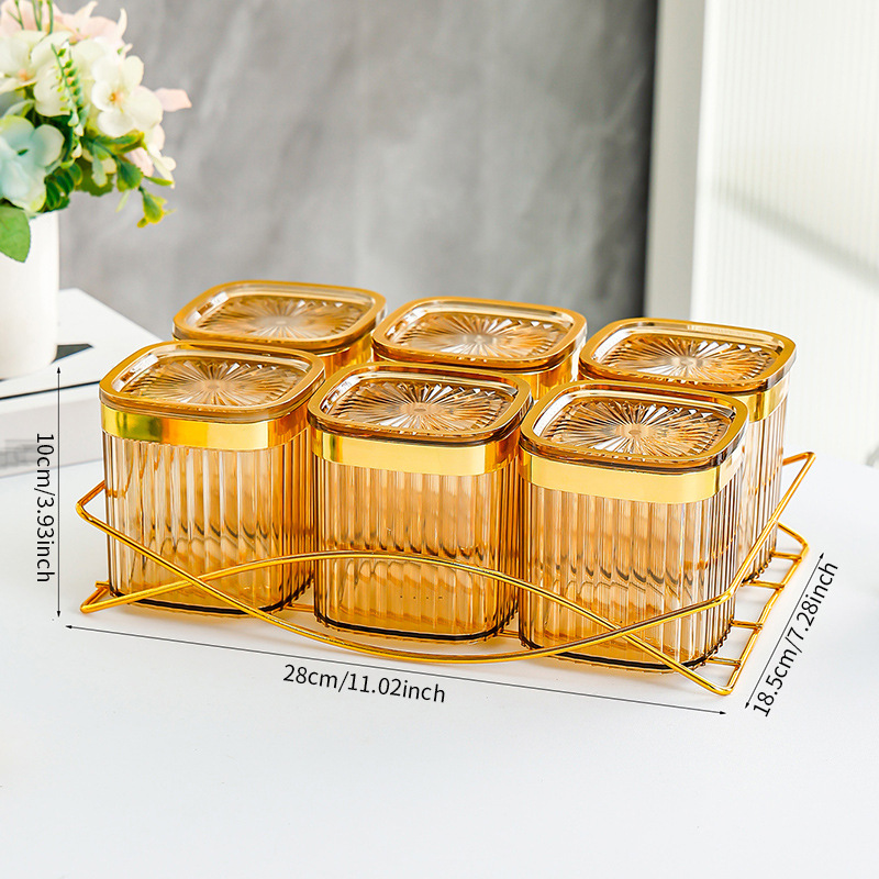 C-shaped shelf, amber-gold rimmed 6-square airtight jar