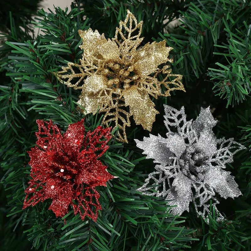 11cm artificiale colorato natale decorativo accessori floreali albero ghirlanda ornamenti natale Glitter Poinsettia fiori