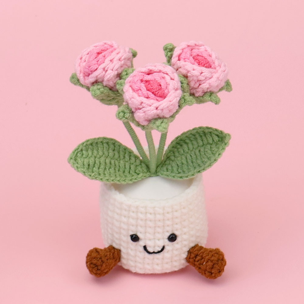 Neige cinq dégradé rose, 3 roses bulles, pot en fil de fer blanc duveteux.