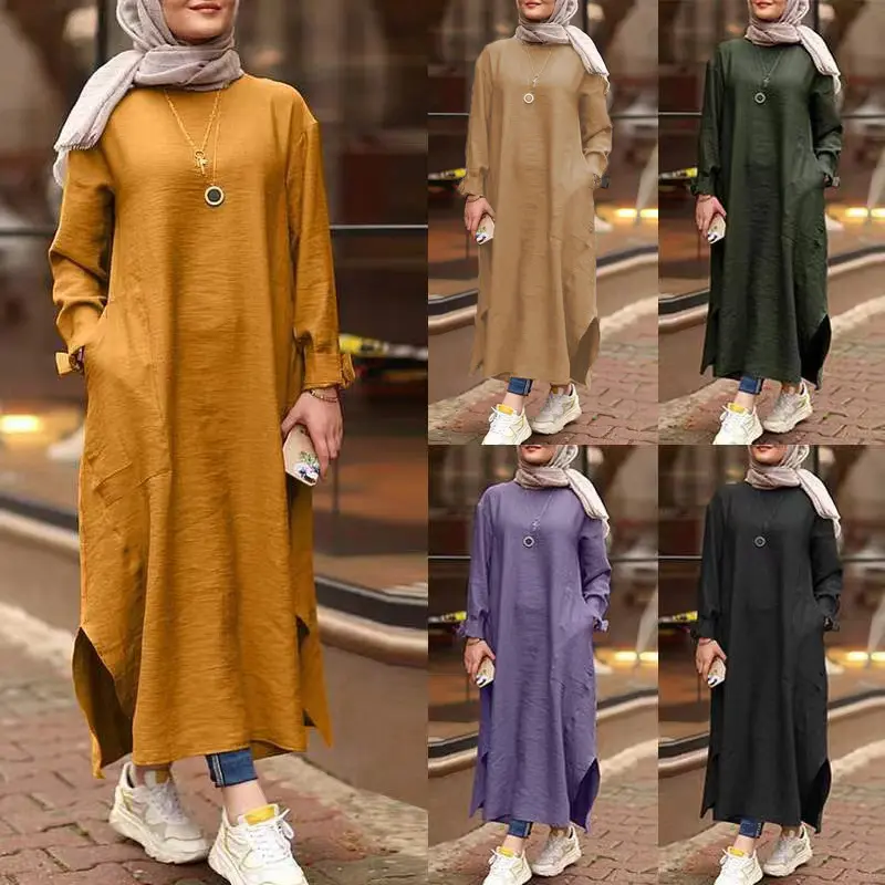 Vestido musulmán de manga larga para mujer, vestido informal con bolsillos