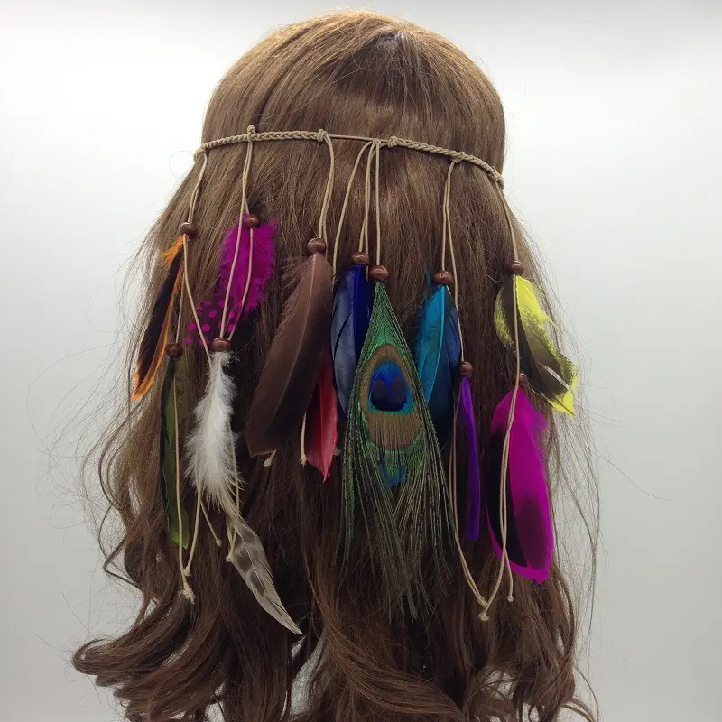 Fascia per capelli con piume bohémien per donna festiva in maschera di carnevale hippy Costume indiano da ballo Gypsy accessori per capelli lunghi con nappe