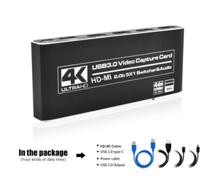 Nuevo suficiente stock Nuevo 5G 4K @ 60Hz 3x1 Interruptor DE LA HD-MI USB3.0 1080P Tarjeta de captura de video con entrada de micrófono de salida en bucle Salida de audio Control remoto IR