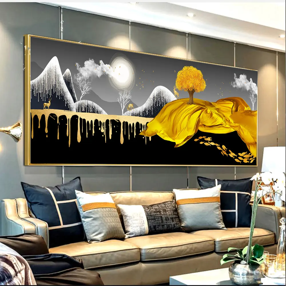 Abstract Landscape Gold Mountain and Deer Moon Modern Luxury Wall Art Pictures Print on Canvas Painting For Home Room Decor